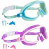 imageSeago Swim Goggles 2 Pack AntiFog AntiUV Wide View Swimming Goggles for Kids 314Lightgreen  Purple
