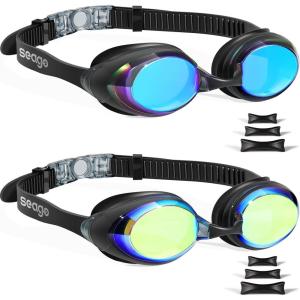 imageSeago 2 Pack Swimming Goggles Antifog AntiUV Mirrored Swim Goggles Adult Women MenBlue  Gold