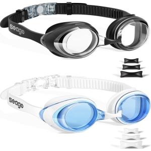 imageSeago 2 Pack Swimming Goggles Antifog AntiUV Silicone Swim Goggles Adult Women MenBlack  Blue White