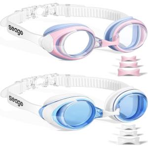 imageSeago 2 Pack Swimming Goggles Antifog AntiUV Silicone Swim Goggles Adult Women MenBlue White  Pink White