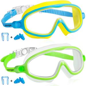 imageSeago Swim Goggles 2 Pack AntiFog AntiUV Wide View Swimming Goggles for Kids 314Blue  Green