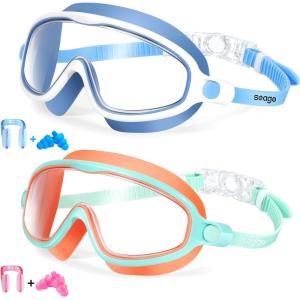 imageSeago Swim Goggles 2 Pack AntiFog AntiUV Wide View Swimming Goggles for Kids 314Blue White  Orange Green