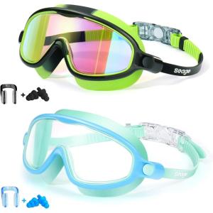 imageSeago Swim Goggles 2 Pack AntiFog AntiUV Wide View Swimming Goggles for Kids 314Light Blue  BlackGreen