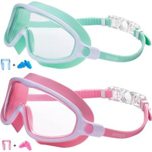 imageSeago Swim Goggles 2 Pack AntiFog AntiUV Wide View Swimming Goggles for Kids 314Light Green  Pink