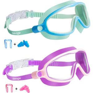 imageSeago Swim Goggles 2 Pack AntiFog AntiUV Wide View Swimming Goggles for Kids 314Lightgreen  Purple