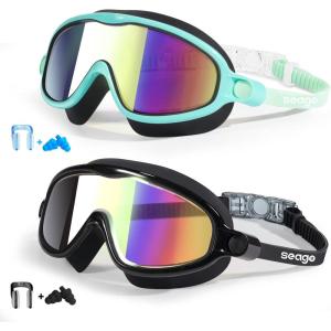 imageSeago Swim Goggles 2 Pack AntiFog AntiUV Wide View Swimming Goggles for Kids 314LightgreenMirrored  BlackMirrored