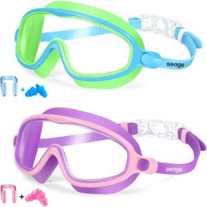 imageSeago Swim Goggles 2 Pack AntiFog AntiUV Wide View Swimming Goggles for Kids 314Pink  Green Blue