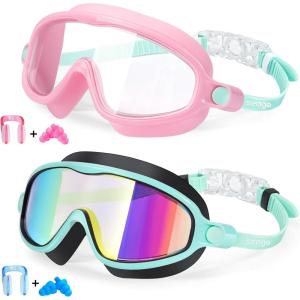 imageSeago Swim Goggles 2 Pack AntiFog AntiUV Wide View Swimming Goggles for Kids 314Pink  Mirrored Blue