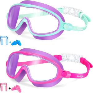 imageSeago Swim Goggles 2 Pack AntiFog AntiUV Wide View Swimming Goggles for Kids 314Pink Purple  Green Purple