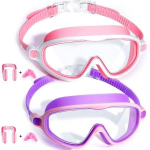 imageSeago Swim Goggles 2 Pack AntiFog AntiUV Wide View Swimming Goggles for Kids 314Purple  Pink