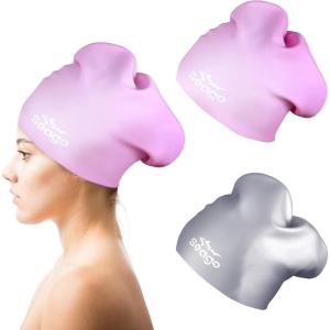 imageSwim Cap Long Hair 2 Pack Swimming Caps for Women Silicone Swim Caps Keep Hair Dry Waterproof Comfortable Flexible Durable Bathing Cap TearProof Design Large Women Adult Swimming Cap 10 Years GirlsPurple  Gray