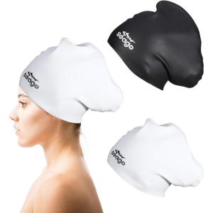 imageSwim Cap Long Hair 2 Pack Swimming Caps for Women Silicone Swim Caps Keep Hair Dry Waterproof Comfortable Flexible Durable Bathing Cap TearProof Design Large Women Adult Swimming Cap 10 Years GirlsBlack  White