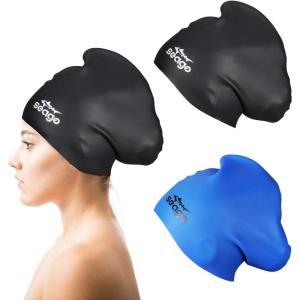 imageSwim Cap Long Hair 2 Pack Swimming Caps for Women Silicone Swim Caps Keep Hair Dry Waterproof Comfortable Flexible Durable Bathing Cap TearProof Design Large Women Adult Swimming Cap 10 Years GirlsBlack  Blue